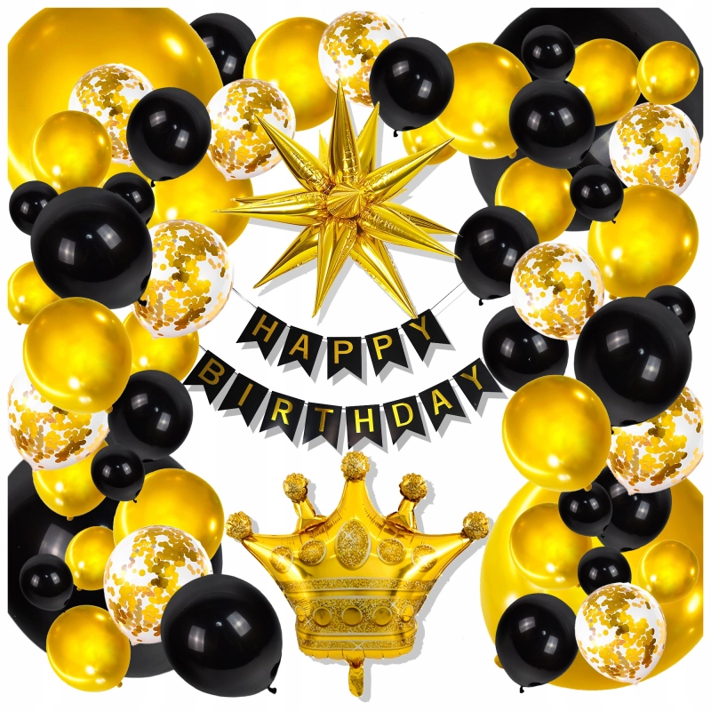 GIRLANDA BALONOWA BALONY URODZINY HAPPY BIRTHDAY ZŁOTY CZARNY ZESTAW 141EL