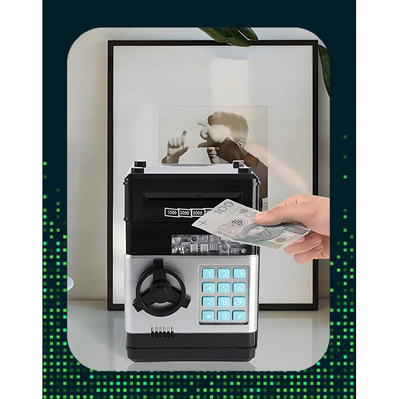 SKARBONKA SEJF ELEKTRONICZNY BANKOMAT KOD PIN NA MONETY BANKNOTY DLA DZIECI