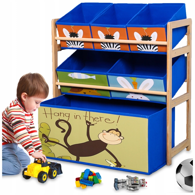 REGAŁ DZIECIĘCY NA ZABAWKI KSIĄŻECZKI DREWNIANY ORGANIZER 6x POJEMNIK KOSZ