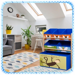 REGAŁ DZIECIĘCY NA ZABAWKI KSIĄŻECZKI DREWNIANY ORGANIZER 6x POJEMNIK KOSZ