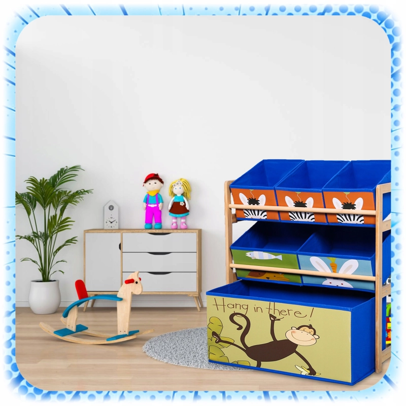 REGAŁ DZIECIĘCY NA ZABAWKI KSIĄŻECZKI DREWNIANY ORGANIZER 6x POJEMNIK KOSZ