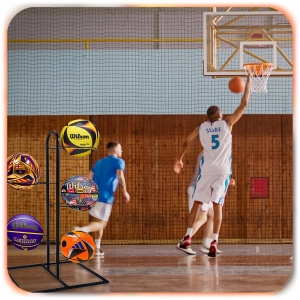 STOJAK NA PIŁKI metalowy 5 piłek półka organizer wielopoziomowy dwustronny