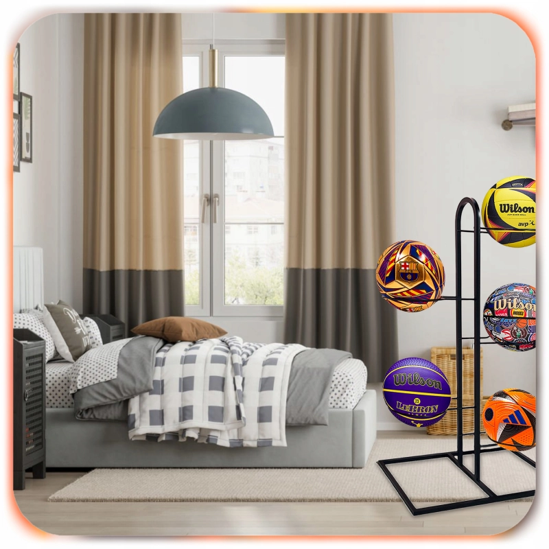 STOJAK NA PIŁKI metalowy 5 piłek półka organizer wielopoziomowy dwustronny