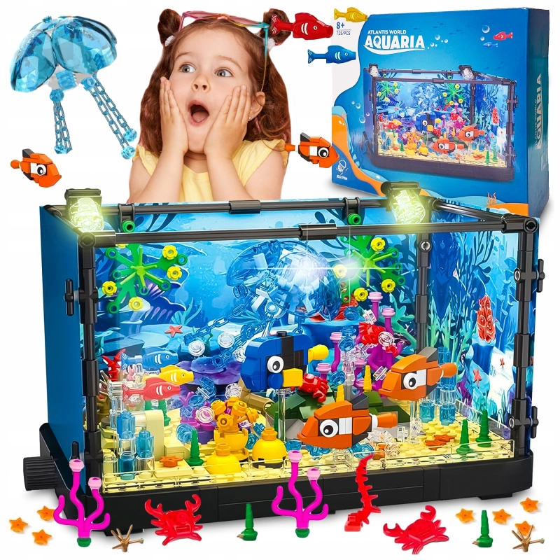 Zestaw KLOCKI KONSTRUKCYJNE AKWARIUM 725 EL Podwodny Świat Ryby LED Ruchome