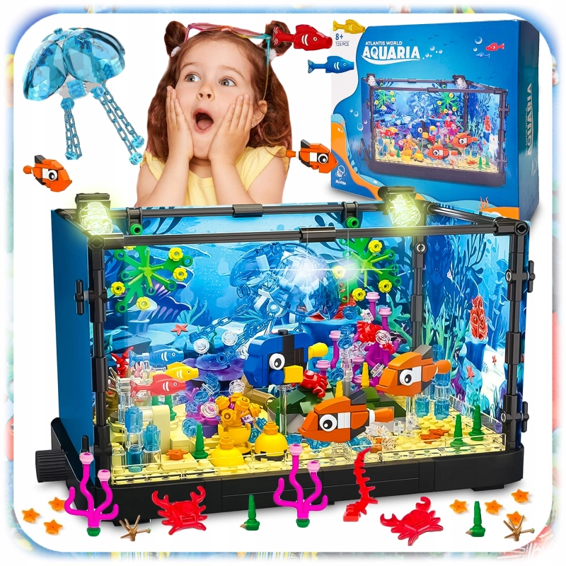 Zestaw KLOCKI KONSTRUKCYJNE AKWARIUM 725 EL Podwodny Świat Ryby LED Ruchome