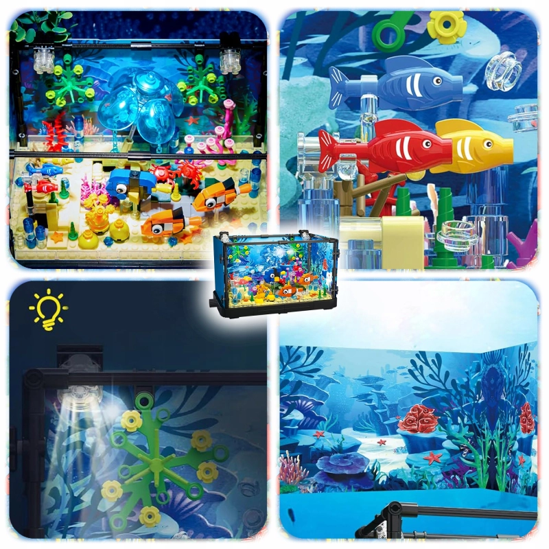 Zestaw KLOCKI KONSTRUKCYJNE AKWARIUM 725 EL Podwodny Świat Ryby LED Ruchome