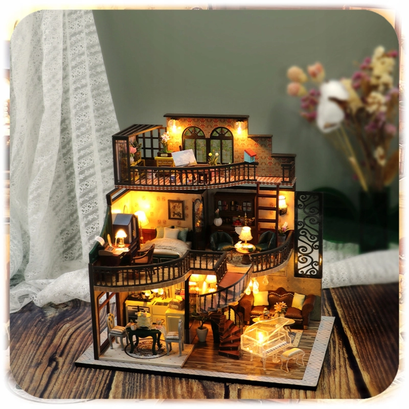 DIY DOMEK DLA LALEK DREWNIANY MODEL 3D LED PIĘTROWY PAWILON RETRO PREZENT