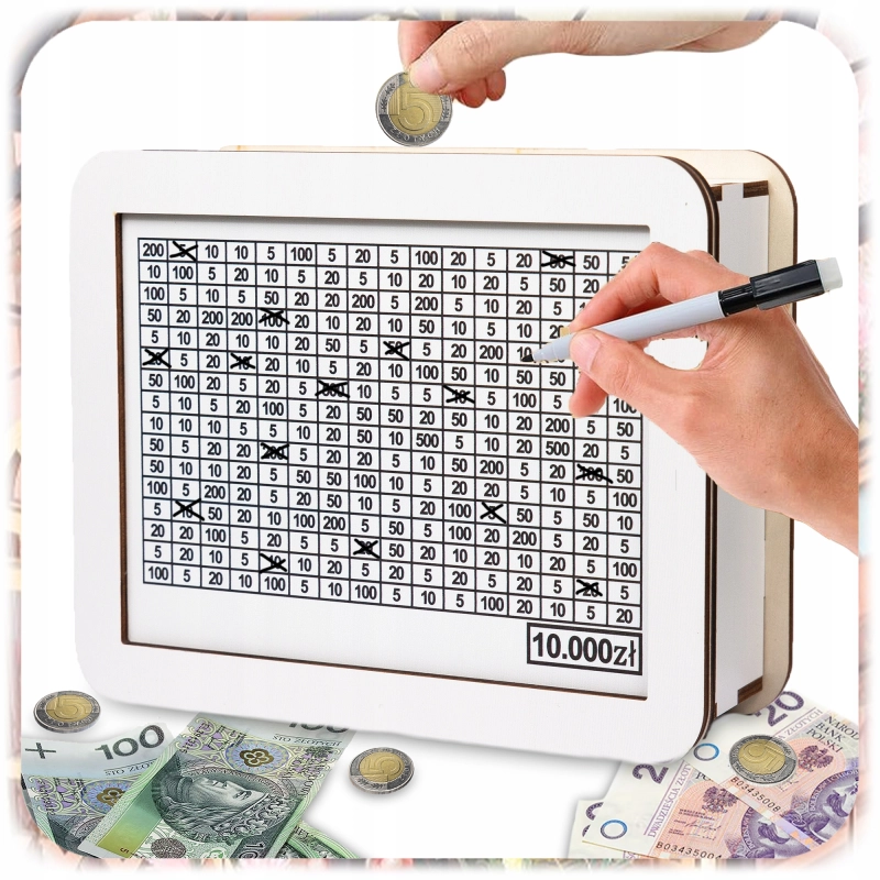 SKARBONKA WYKREŚLANKA CEL 10000 zł DREWNIANA WYZWANIE WYKREŚLANA PREZENT