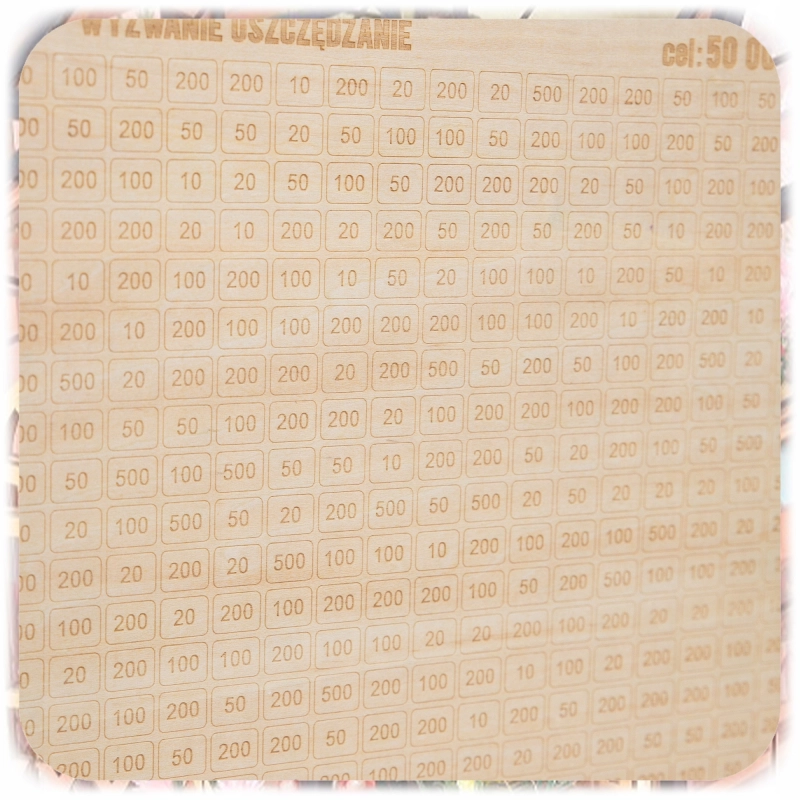 SKARBONKA WYKREŚLANA Drewniana 50000zł Wyzwanie Oszczędzenia kłódka +marker