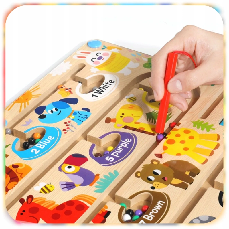 LABIRYNT MAGNETYCZNY DREWNIANY MONTESSORI TABLICA NAUKA LICZENIA I KOLORÓW