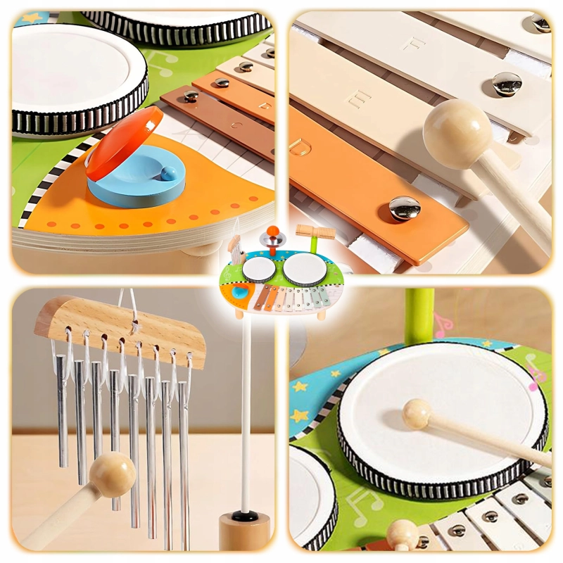 DREWNIANY STOLIK MUZYCZNY EDUKACYJNY 7w1 MONTESSORI 12m+ CYMBAŁKI BĘBENKI