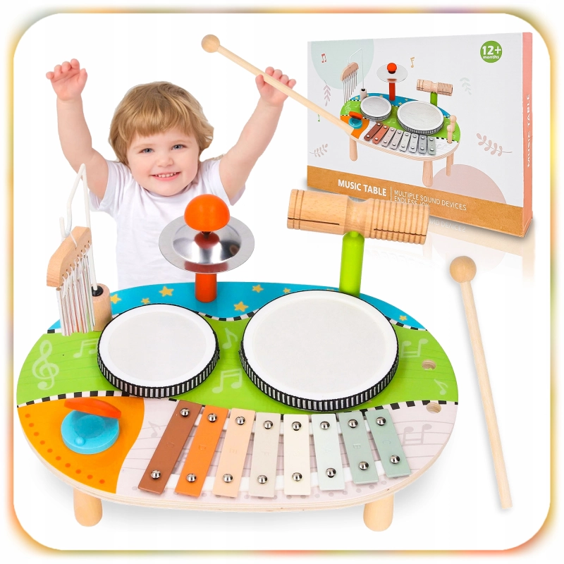 DREWNIANY STOLIK MUZYCZNY EDUKACYJNY 7w1 MONTESSORI 12m+ CYMBAŁKI BĘBENKI