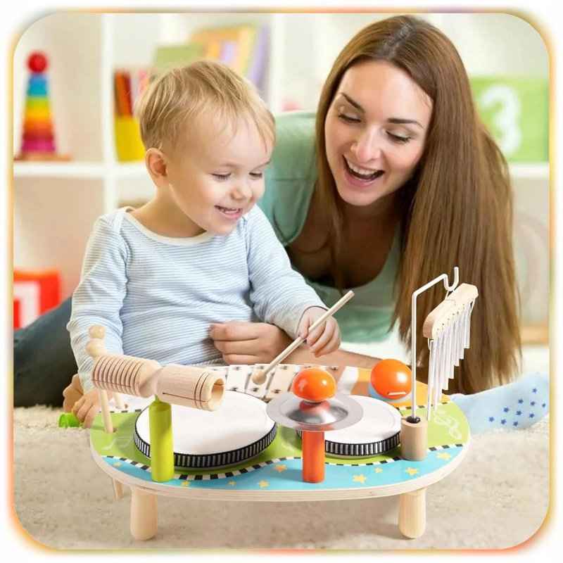 DREWNIANY STOLIK MUZYCZNY EDUKACYJNY 7w1 MONTESSORI 12m+ CYMBAŁKI BĘBENKI