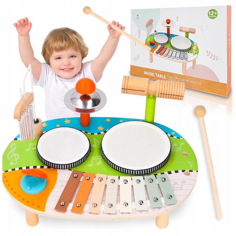 DREWNIANY STOLIK MUZYCZNY EDUKACYJNY 7w1 MONTESSORI 12m+ CYMBAŁKI BĘBENKI