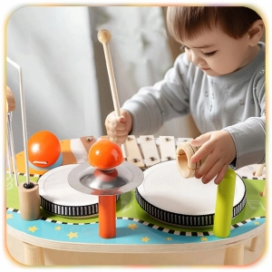 DREWNIANY STOLIK MUZYCZNY EDUKACYJNY 7w1 MONTESSORI 12m+ CYMBAŁKI BĘBENKI