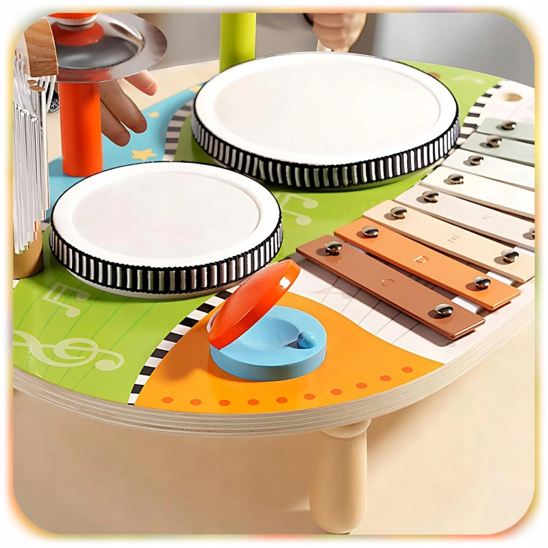 DREWNIANY STOLIK MUZYCZNY EDUKACYJNY 7w1 MONTESSORI 12m+ CYMBAŁKI BĘBENKI