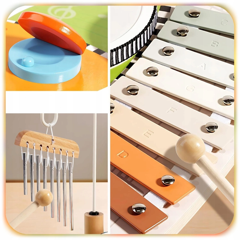 DREWNIANY STOLIK MUZYCZNY EDUKACYJNY 7w1 MONTESSORI 12m+ CYMBAŁKI BĘBENKI