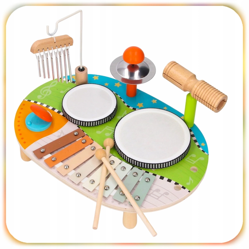 DREWNIANY STOLIK MUZYCZNY EDUKACYJNY 7w1 MONTESSORI 12m+ CYMBAŁKI BĘBENKI