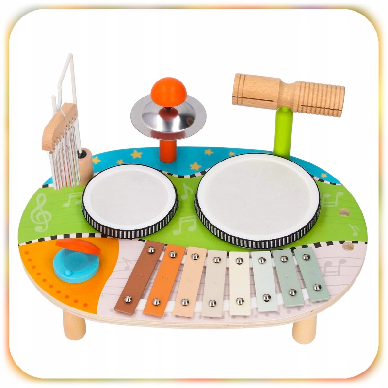 DREWNIANY STOLIK MUZYCZNY EDUKACYJNY 7w1 MONTESSORI 12m+ CYMBAŁKI BĘBENKI