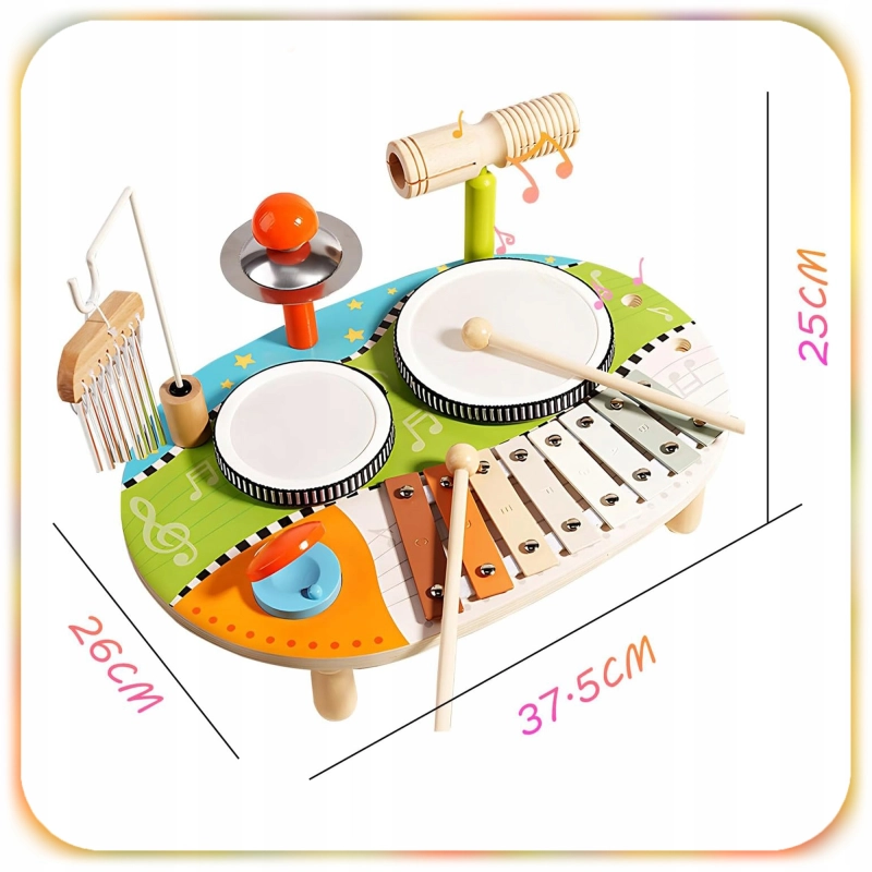 DREWNIANY STOLIK MUZYCZNY EDUKACYJNY 7w1 MONTESSORI 12m+ CYMBAŁKI BĘBENKI