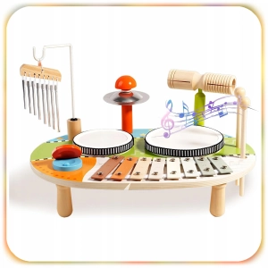 DREWNIANY STOLIK MUZYCZNY EDUKACYJNY 7w1 MONTESSORI 12m+ CYMBAŁKI BĘBENKI