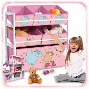 REGAŁ DZIECIĘCY NA ZABAWKI KSIĄŻECZKI DREWNIANY ORGANIZER 6x POJEMNIK KOSZ