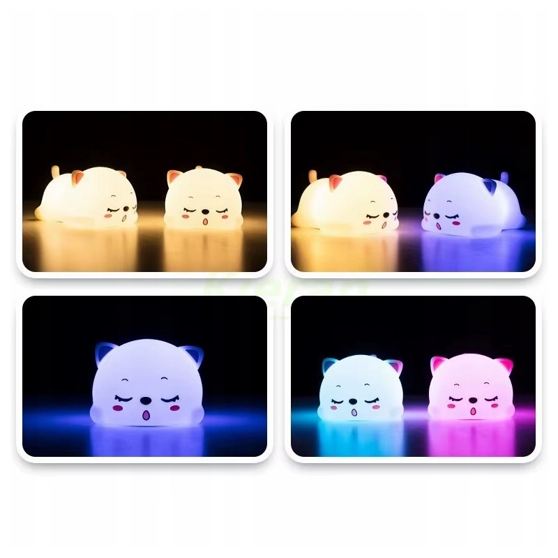 LAMPKA NOCNA KOTEK MIĘKKA SILIKONOWA LED KOLOROWA DLA DZIECI + KABEL USB