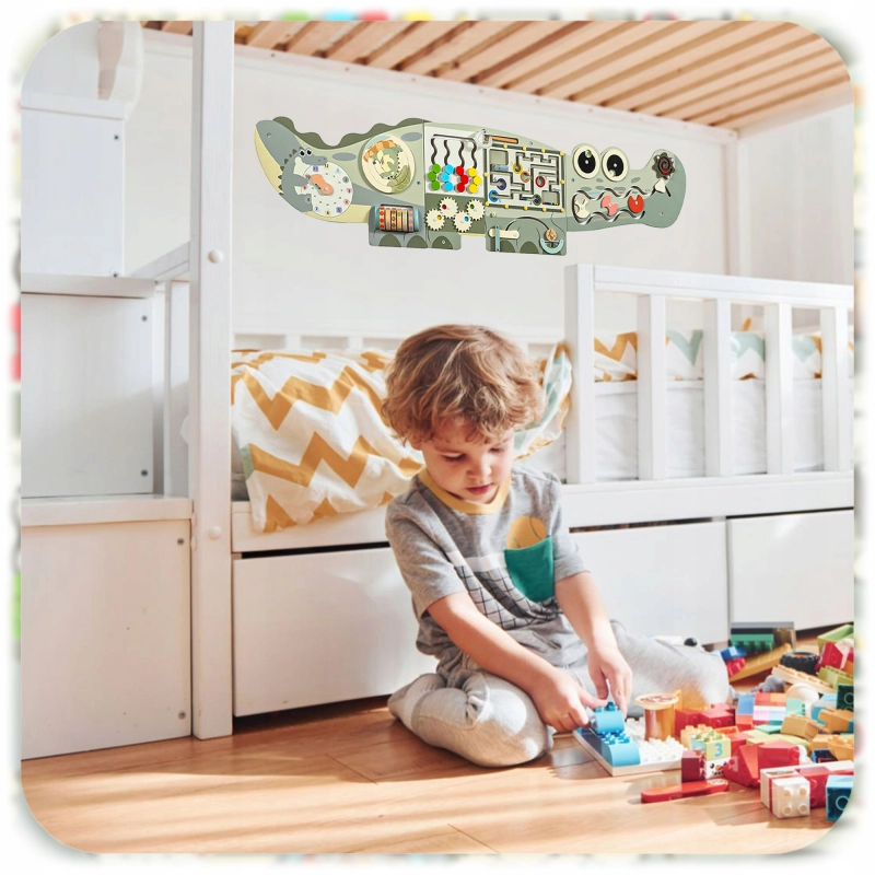 XXL TABLICA SENSORYCZNA MANIPULACYJNA MONTESSORI DREWNIANA KROKODYL 118CM!