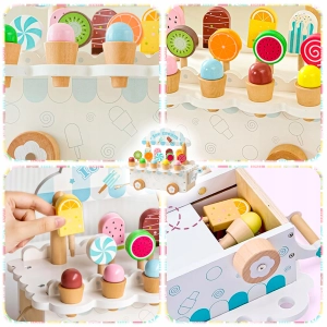 DREWNIANA LODZIARNIA WÓZEK Z LODAMI MINI SKLEP ZABAWKA DLA DZIECI LODY HIT