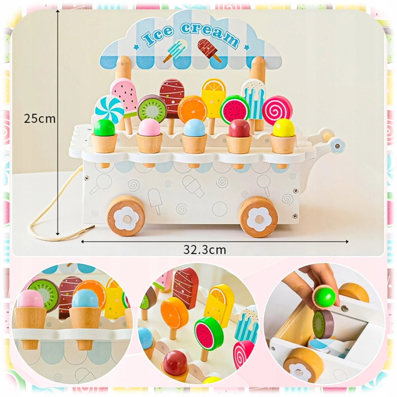 DREWNIANA LODZIARNIA WÓZEK Z LODAMI MINI SKLEP ZABAWKA DLA DZIECI LODY HIT