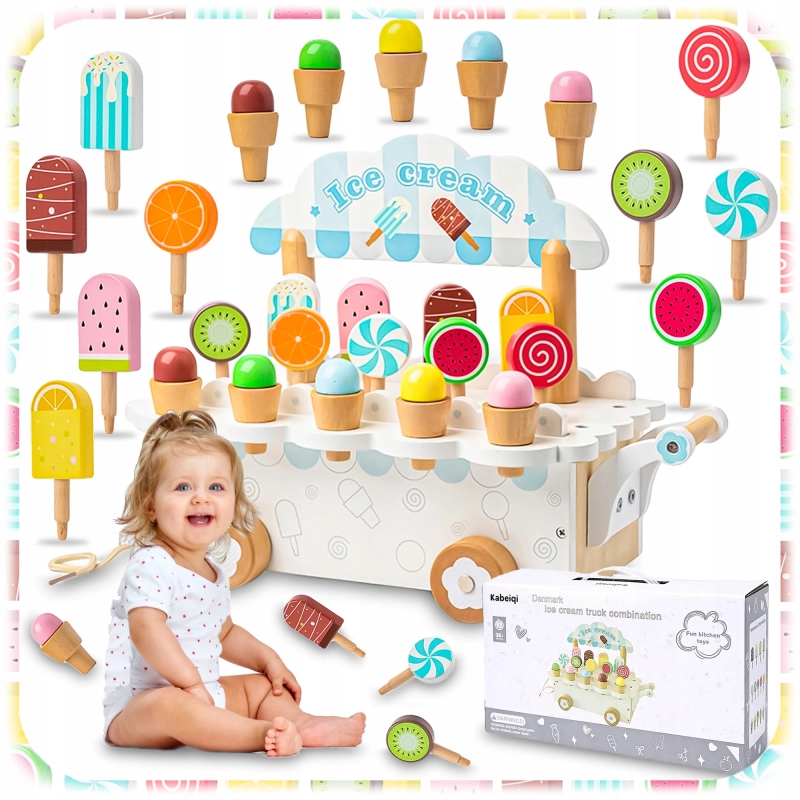 DREWNIANA LODZIARNIA WÓZEK Z LODAMI MINI SKLEP ZABAWKA DLA DZIECI LODY HIT