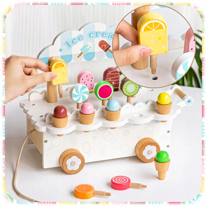 DREWNIANA LODZIARNIA WÓZEK Z LODAMI MINI SKLEP ZABAWKA DLA DZIECI LODY HIT