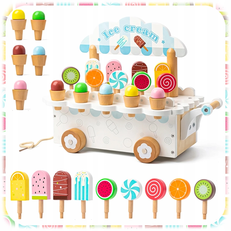 DREWNIANA LODZIARNIA WÓZEK Z LODAMI MINI SKLEP ZABAWKA DLA DZIECI LODY HIT