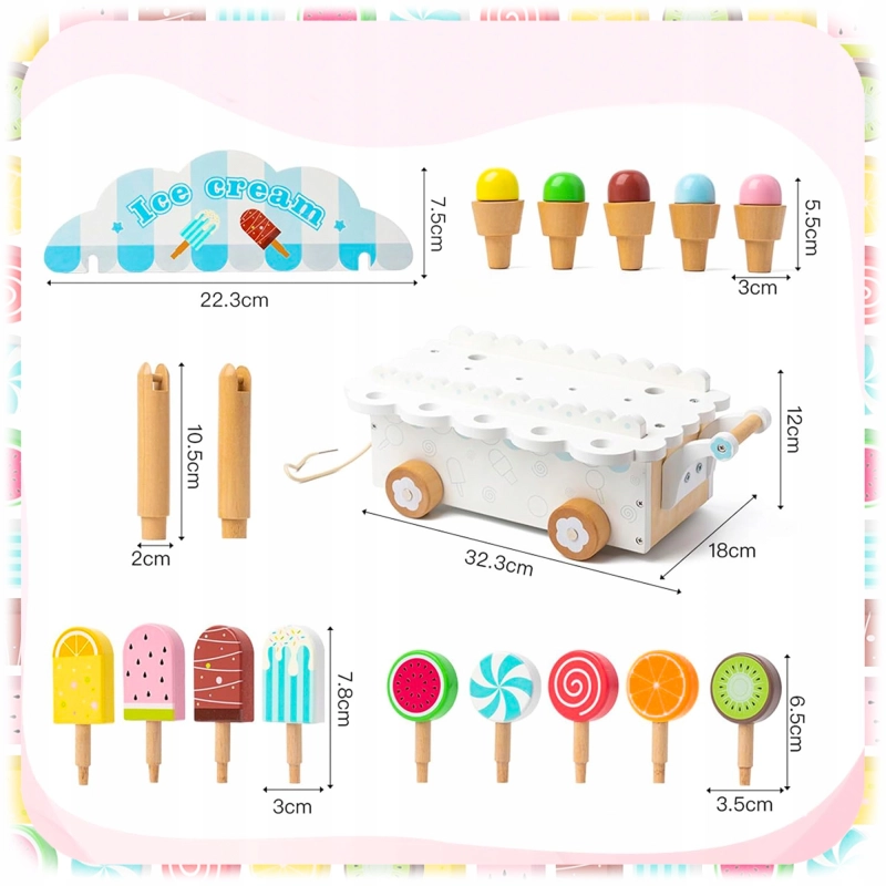 DREWNIANA LODZIARNIA WÓZEK Z LODAMI MINI SKLEP ZABAWKA DLA DZIECI LODY HIT