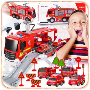 DUŻY ZESTAW STRAŻ POŻARNA WÓZ STRAŻACKI SAMOCHODZIKI AUTO DLA DZIECI DŹWIĘK