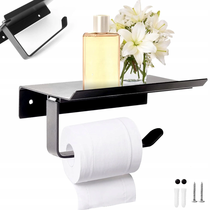 UCHWYT NA PAPIER TOALETOWY Z PÓŁKĄ CZARNY LOFT WC WKRĘTY W ZESTAWIE