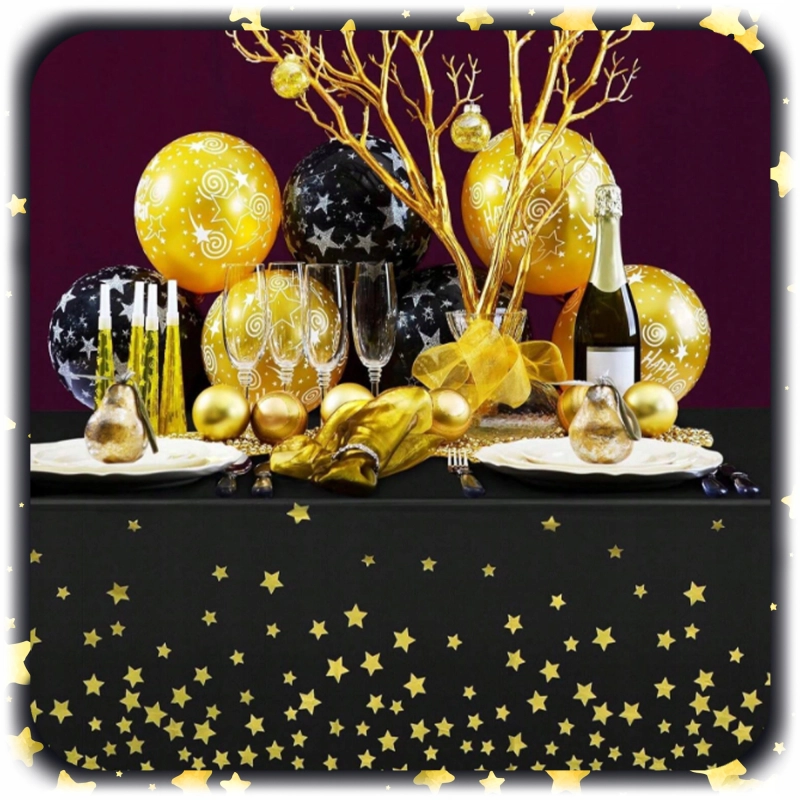 OBRUS JEDNORAZOWY na Stół FOLIOWY Czarny w Złote Gwiazdki DUŻY 137x274 cm