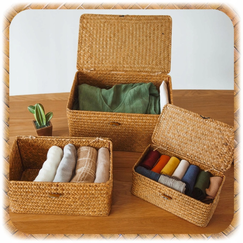 ORGANIZER POJEMNIK TRAWA MORSKA Z POKRYWKĄ PLECIONY NATURAL 3SZT Kosz Kosze