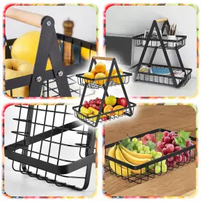 KOSZ NA OWOCE WARZYWA 2-PIĘTROWY 2x KOSZYK STOJAK ORGANIZER METALOWY CZARNY