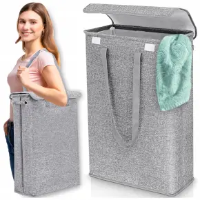WĄSKI KOSZ NA PRANIE BIELIZNĘ ZABAWKI POJEMNIK Z KLAPĄ UCHWYTAMI SZARY 45 L