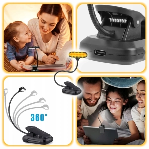 LAMPKA DO CZYTANIA KSIĄŻEK NOCNA Z KLIPSEM USB AKUMULATOR 8 LED 3 BARWY