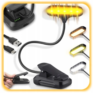 LAMPKA DO CZYTANIA KSIĄŻEK NOCNA Z KLIPSEM USB AKUMULATOR 8 LED 3 BARWY