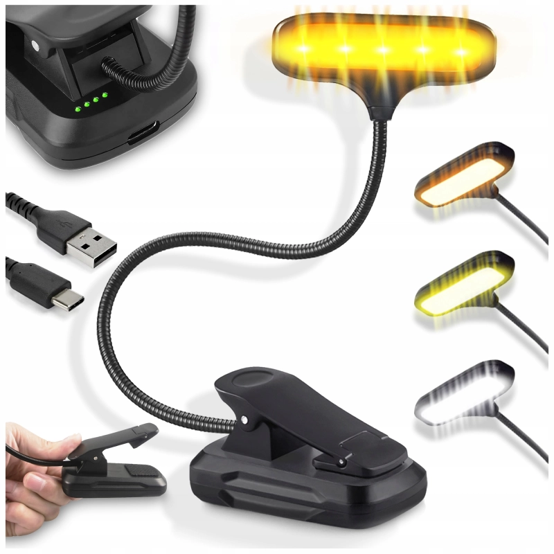 LAMPKA DO CZYTANIA KSIĄŻEK NOCNA Z KLIPSEM USB AKUMULATOR 8 LED 3 BARWY