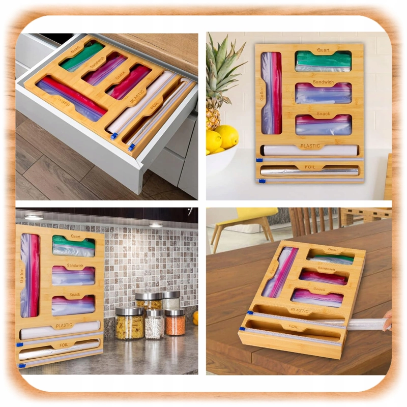 ORGANIZER DO SZUFLADY Wkład na Folię Woreczki Dyspenser Drewniany +Obcinacz