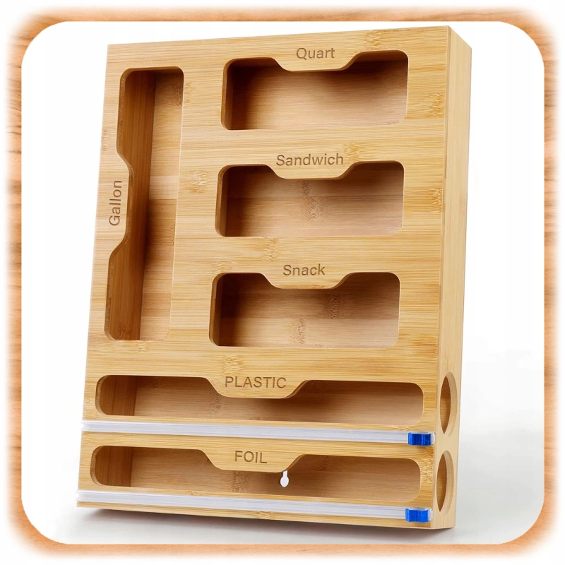 ORGANIZER DO SZUFLADY Wkład na Folię Woreczki Dyspenser Drewniany +Obcinacz