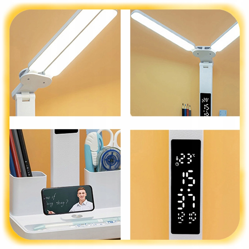 PODWÓJNA LAMPKA BIURKOWA LED Z ORGANIZEREM WYŚWIETLACZEM TEMP ZEGAR DATA