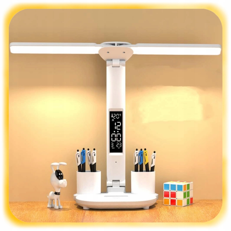 PODWÓJNA LAMPKA BIURKOWA LED Z ORGANIZEREM WYŚWIETLACZEM TEMP ZEGAR DATA