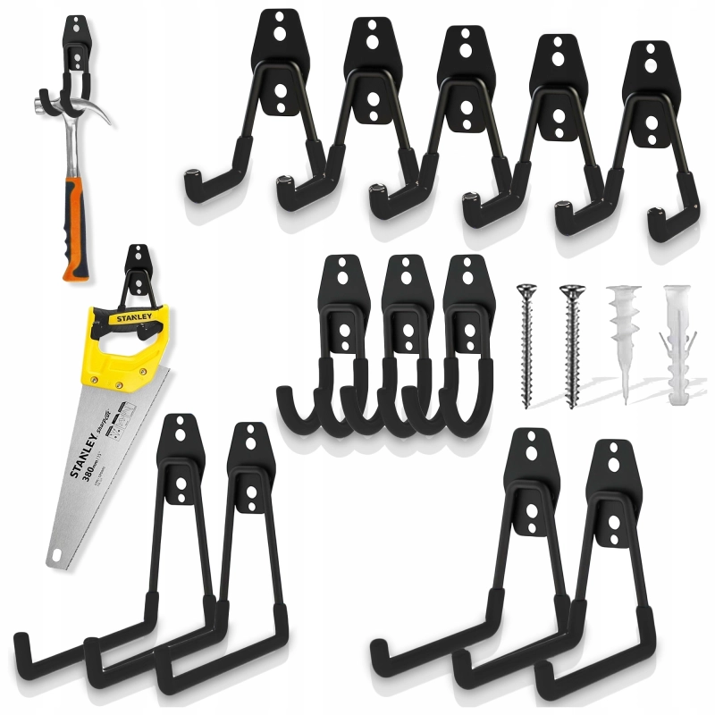 12szt ZESTAW HAKI GARAŻOWE PODWÓJNE UCHWYTY ŚCIENNE DO GARAŻU CZARNE