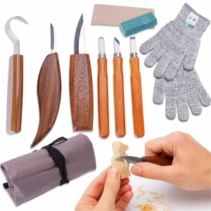 ZESTAW NOŻE I DŁUTA DO RZEŹBIENIA W DREWNIE 9EL NARZĘDZIA + RĘKAWICZKI ETUI