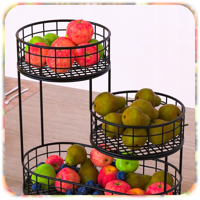 KOSZ NA OWOCE WARZYWA 3 POZIOMOWY METALOWY CZARNY KOSZYK STOJAK ORGANIZER